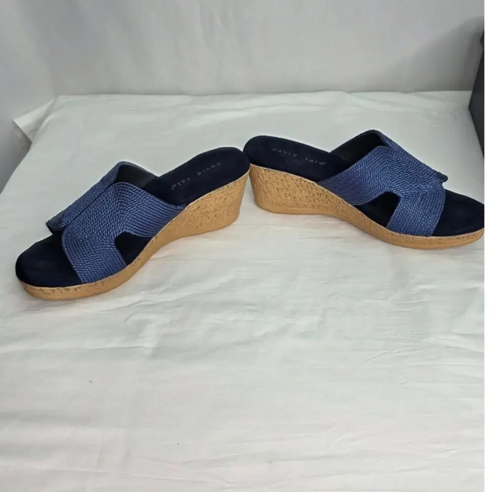 David Tate Navy Fabric Wedge Slide Sandals 7M Comfort Cushioned Resort Casual